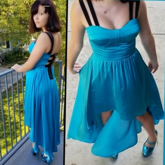 GUESS Party Dress – High-Low Silky Blue & Black, Strappy Open Back – Size S/2 - Picture 6 of 16